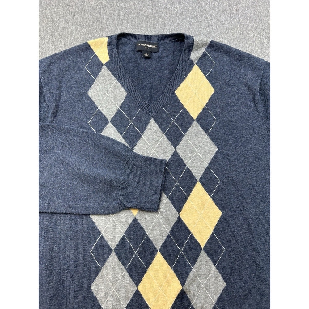 Banana Republic Cotton Argyle Sweater‎ Mens XL Pullover Blue Yellow Gray Vneck